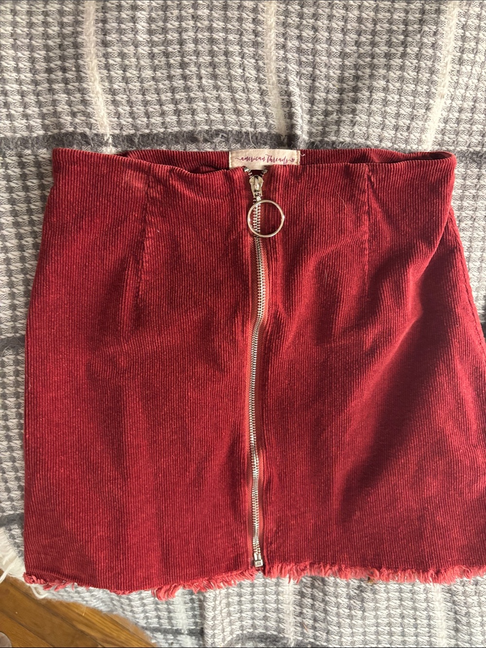 American Threads Red Corduroy Front-Zip Mini Skirt
